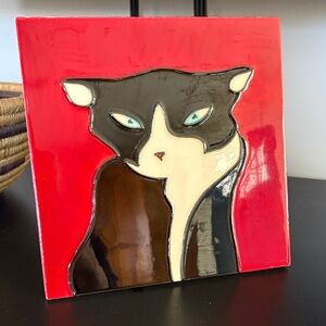 Black tuxedo cat tile wall hanging